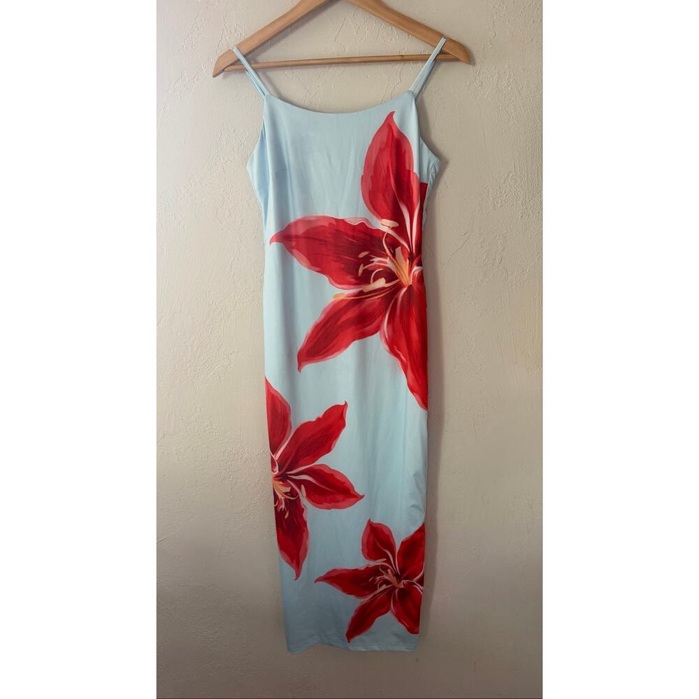 ZESICA Blue Floral Midi Maxi Dress Red Lily Print Sleeveless Bodycon Size Small